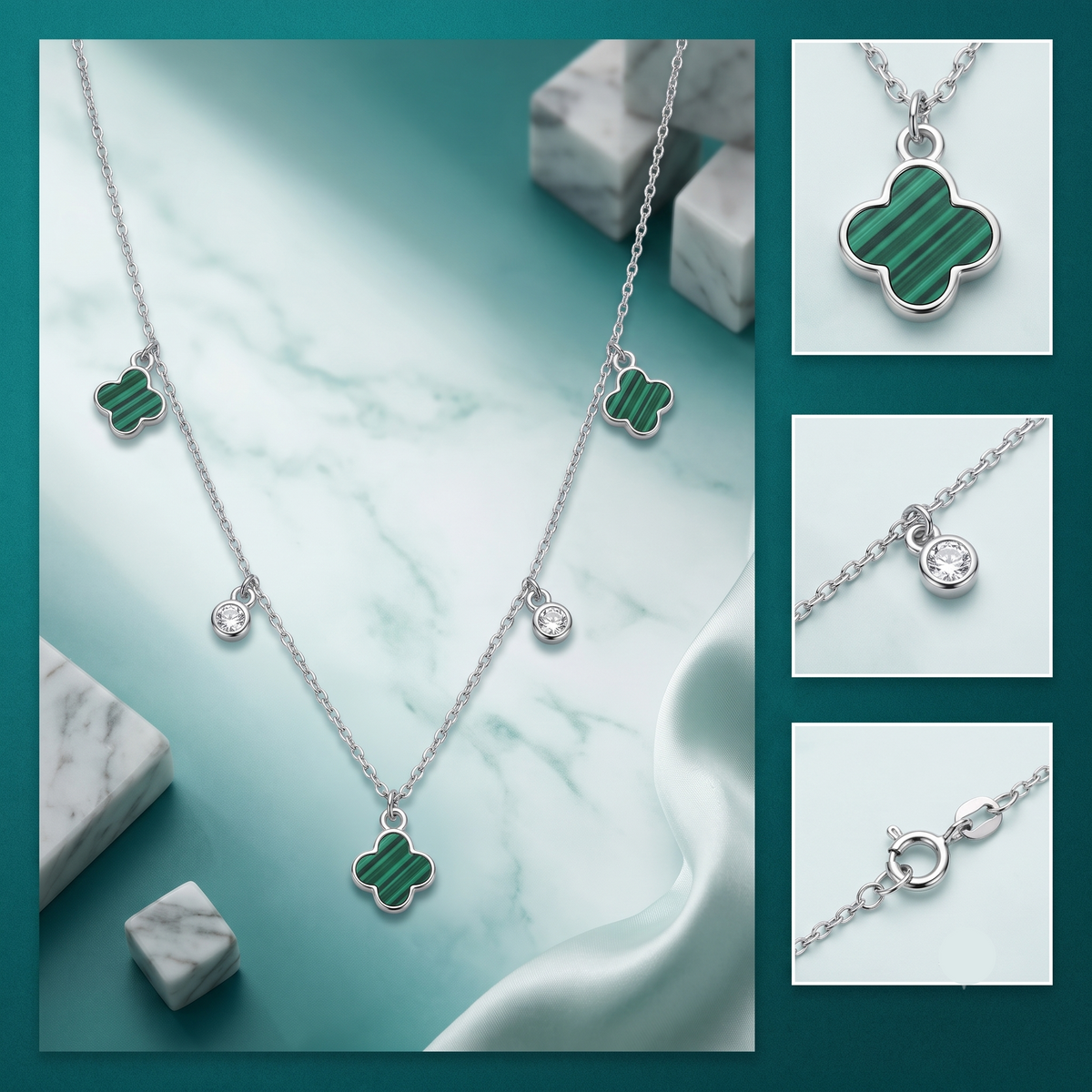 925 Sterling Silver Green Clover Layered Charm Necklace for Women | TOSHINI