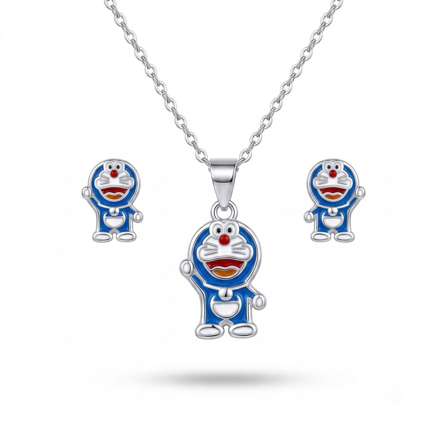 925 Sterling Silver Playful Doraemon Enamel Cartoon Pendant Necklace & Studs Earing for Women | TOSHINI