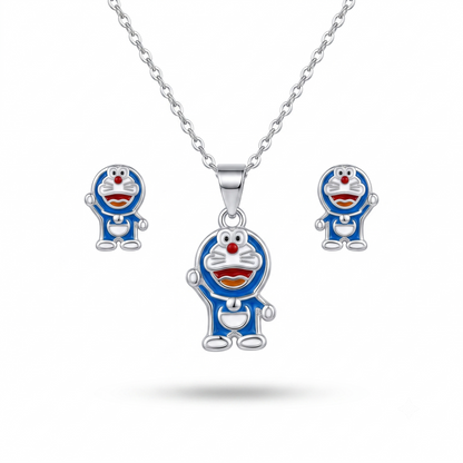 925 Sterling Silver Playful Doraemon Enamel Cartoon Pendant Necklace & Studs Earing for Women | TOSHINI