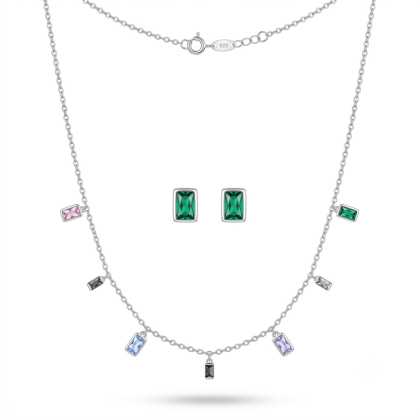 925 Sterling Silver Multicolour Baguette Station Necklace & Emerald Green Stud Earrings Set for Women | TOSHINI