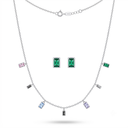 925 Sterling Silver Multicolour Baguette Station Necklace & Emerald Green Stud Earrings Set for Women | TOSHINI