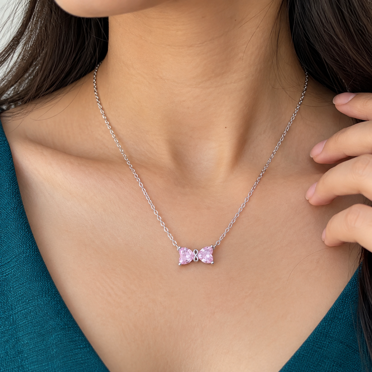 925 Sterling Silver Pink CZ Bow Pendant Necklace for Women | TOSHINI