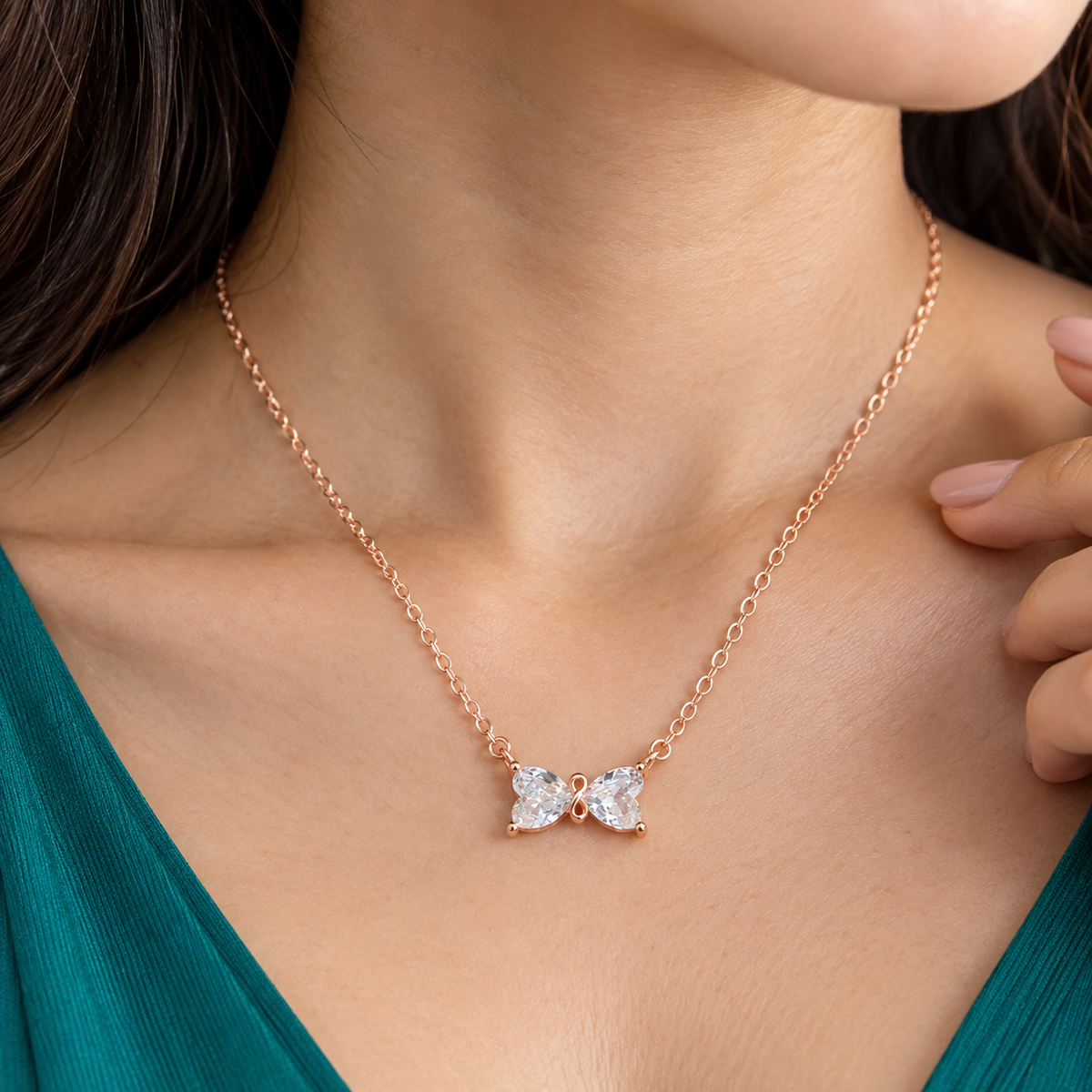 925 Sterling Silver Bow Necklace with Clear CZ for Women | TOSHINI