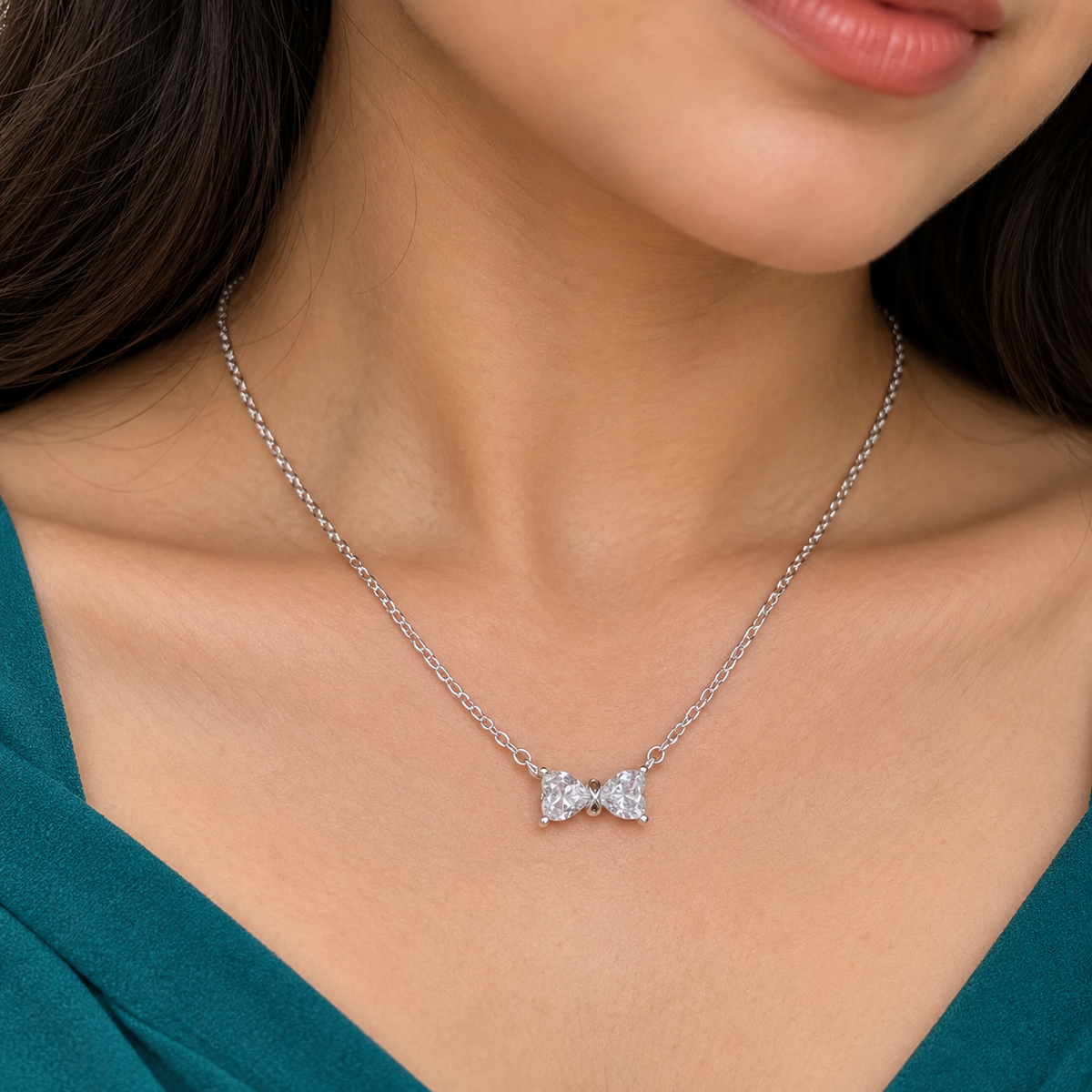 925 Sterling Silver Bow Necklace with Clear CZ for Women | TOSHINI