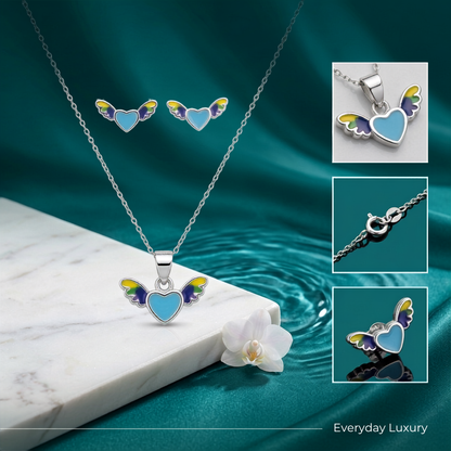 925 Sterling Silver Blue Heart Angel Wings Pendant Necklace & Stud Earrings Set for Women | TOSHINI
