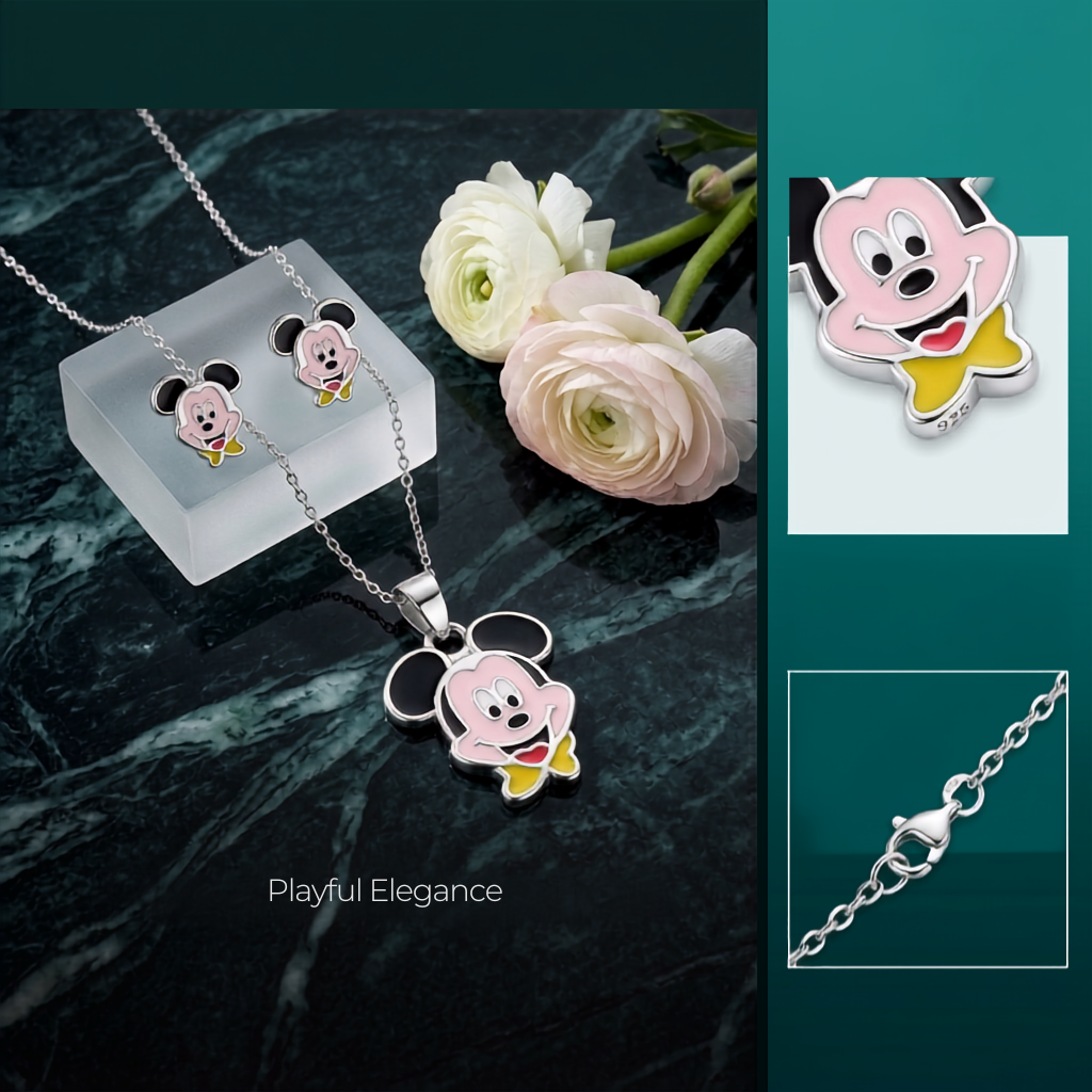 925 Sterling Silver Enamel Cartoon Character Pendant Necklace & Stud Earrings Set for Women | TOSHINI