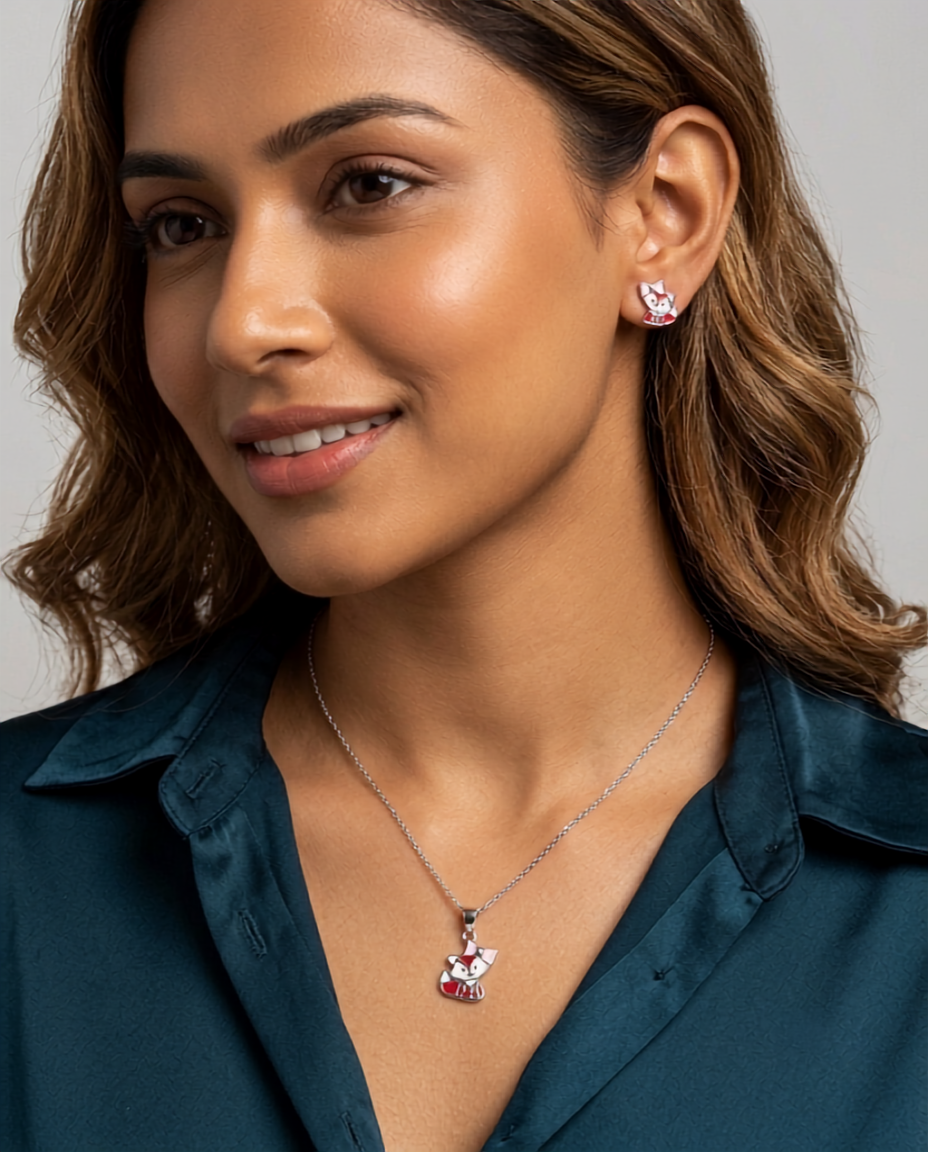 925 Sterling Silver Enamel Fox Pendant Necklace & Stud Earrings Set for Women | TOSHINI