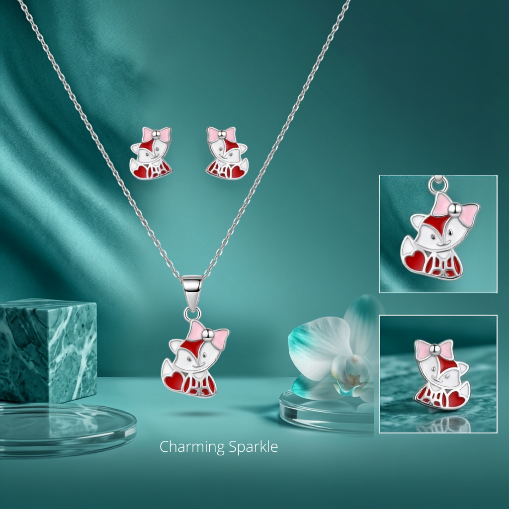 925 Sterling Silver Enamel Fox Pendant Necklace & Stud Earrings Set for Women | TOSHINI