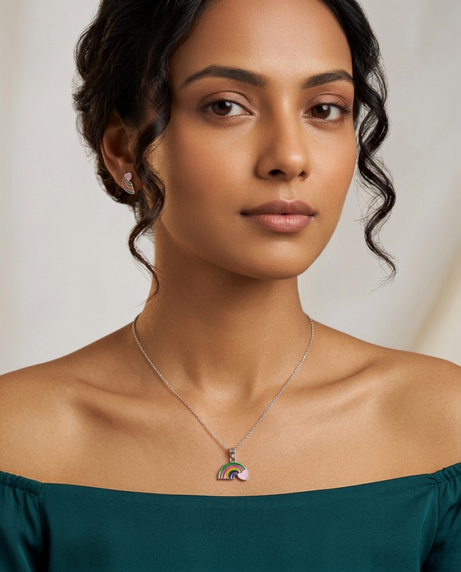 925 Sterling Silver Rainbow Heart Pendant Necklace & Studs Earings Set for Women | TOSHINI
