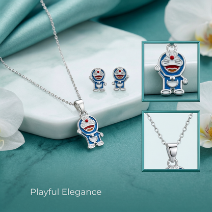 925 Sterling Silver Playful Doraemon Enamel Cartoon Pendant Necklace & Studs Earing for Women | TOSHINI