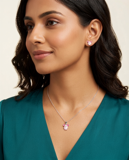 925 Sterling Silver Cute Pink Enamel Mouse Pendant Necklace & Studs Earing for Women | TOSHINI