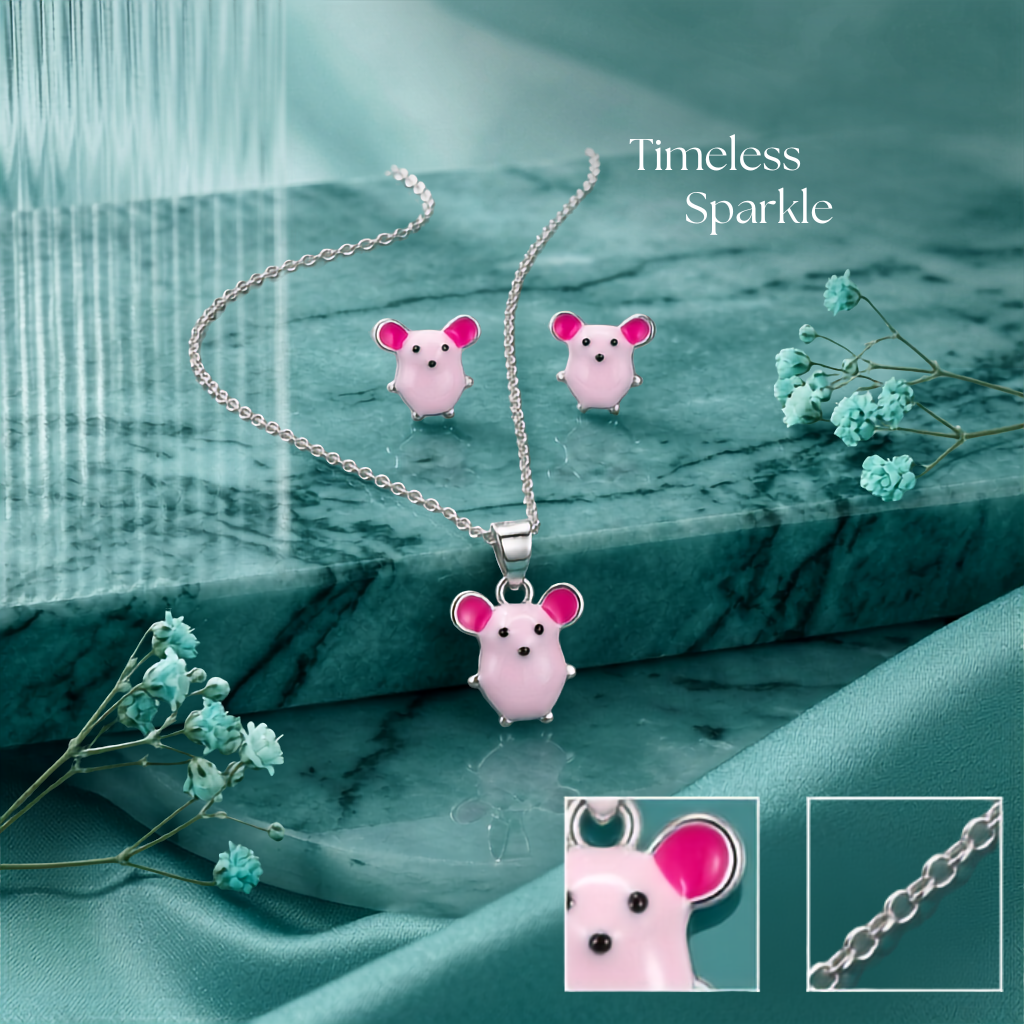 925 Sterling Silver Cute Pink Enamel Mouse Pendant Necklace & Studs Earing for Women | TOSHINI