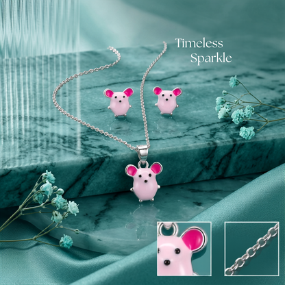 925 Sterling Silver Cute Pink Enamel Mouse Pendant Necklace & Studs Earing for Women | TOSHINI