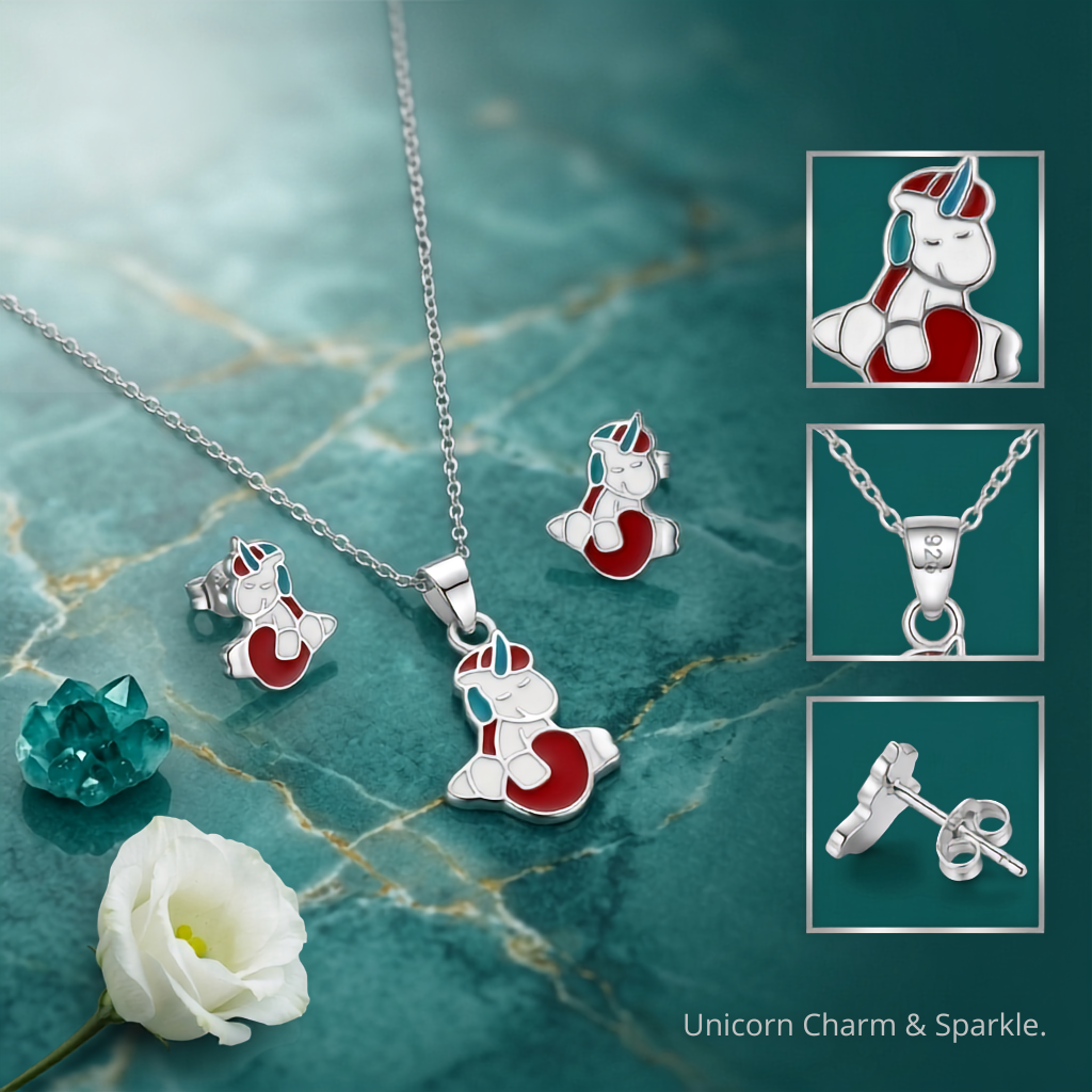 925 Sterling Silver Enchanted Unicorn Pendant Necklace and Earrings Set for Women | TOSHINI