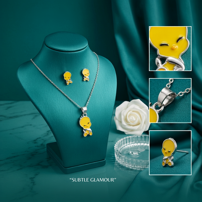 925 Sterling Silver Yellow Tweety Bird Pendant & Stud Earrings Jewellery Set for Women | TOSHINI