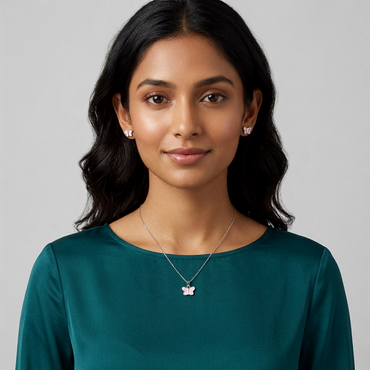 925 Sterling Silver Pink Butterfly Pendant Necklace & Stud Earrings Set for Women | TOSHINI