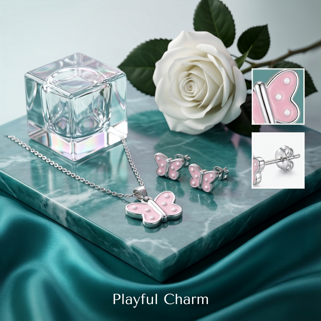 925 Sterling Silver Pink Butterfly Pendant Necklace & Stud Earrings Set for Women | TOSHINI