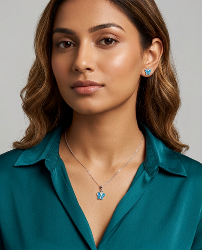 925 Sterling Silver Blue Butterfly Kids Pendant Necklace & Stud Earrings Set for Women | TOSHINI