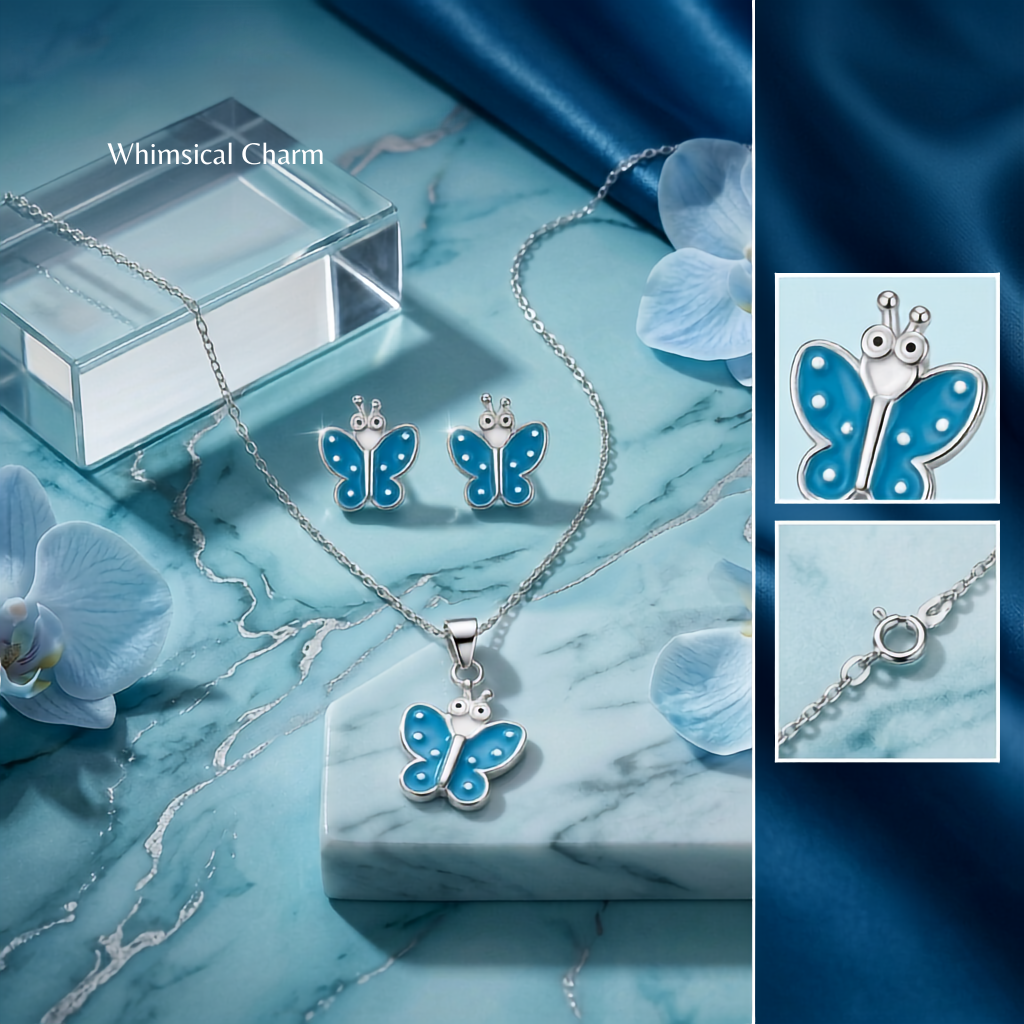 925 Sterling Silver Blue Butterfly Kids Pendant Necklace & Stud Earrings Set for Women | TOSHINI