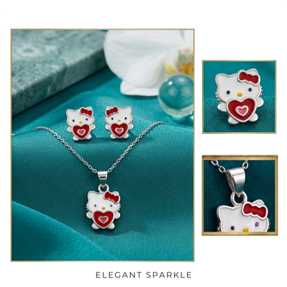 925 Sterling Silver Cute Kitty Heart Pendant Necklace & Stud Earrings Jewellery Set for women | TOSHINI