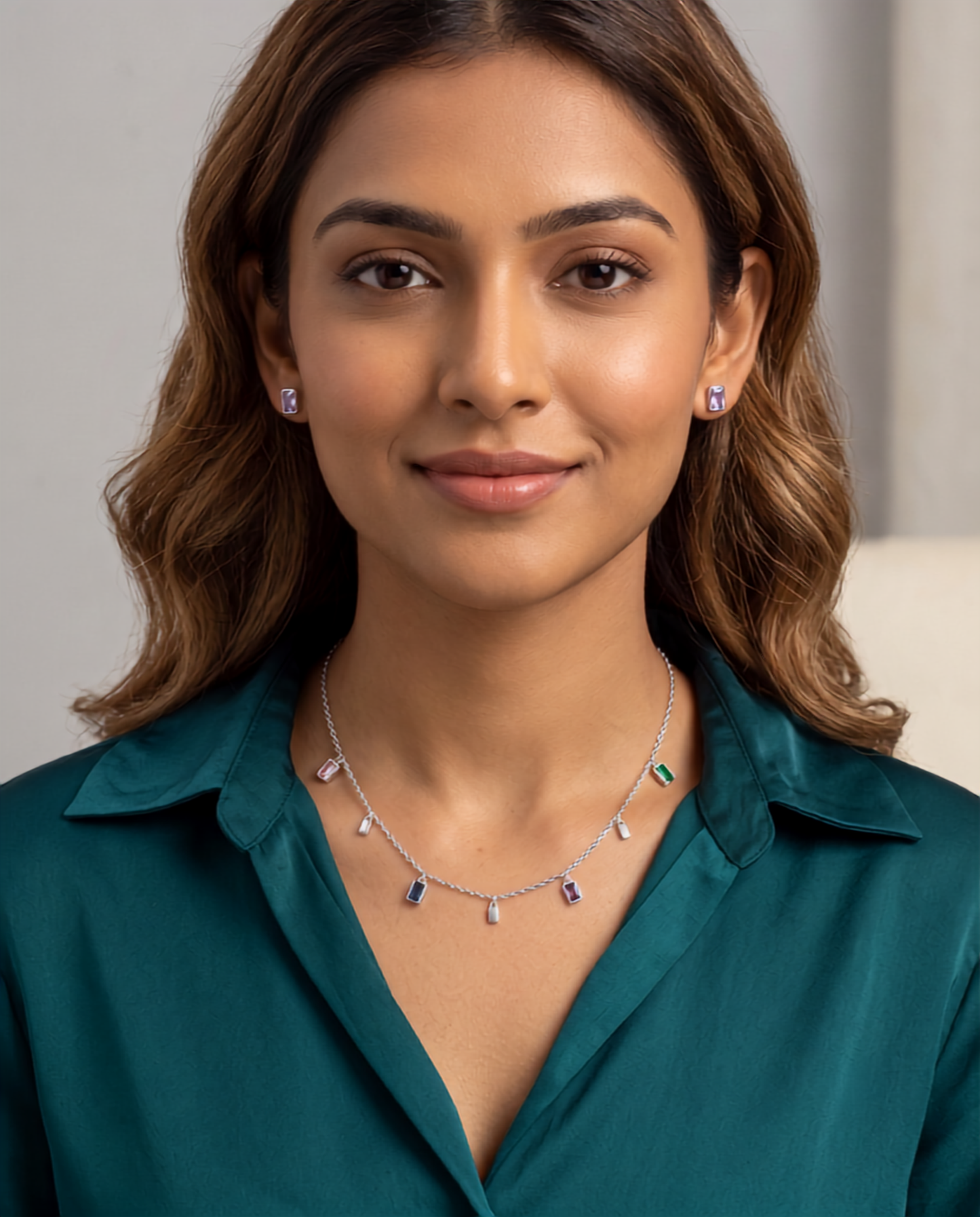 925 Sterling Silver Multicolour Baguette Station Necklace & Stud Earrings Set for Women | TOSHINI