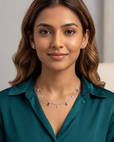 925 Sterling Silver Multicolour Baguette Station Necklace & Stud Earrings Set for Women | TOSHINI