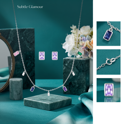 925 Sterling Silver Multicolour Baguette Station Necklace & Stud Earrings Set for Women | TOSHINI