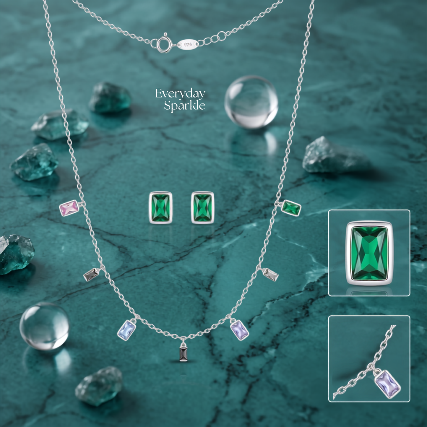 925 Sterling Silver Multicolour Baguette Station Necklace & Emerald Green Stud Earrings Set for Women | TOSHINI
