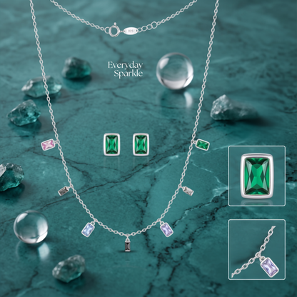 925 Sterling Silver Multicolour Baguette Station Necklace & Emerald Green Stud Earrings Set for Women | TOSHINI
