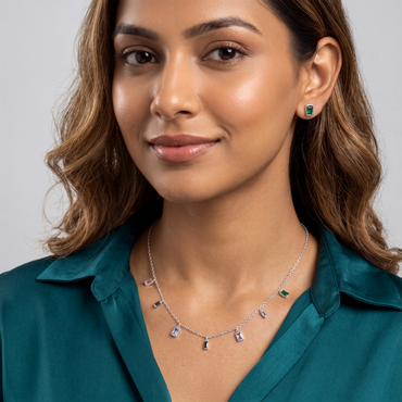 925 Sterling Silver Multicolour Baguette Station Necklace & Emerald Green Stud Earrings Set for Women | TOSHINI