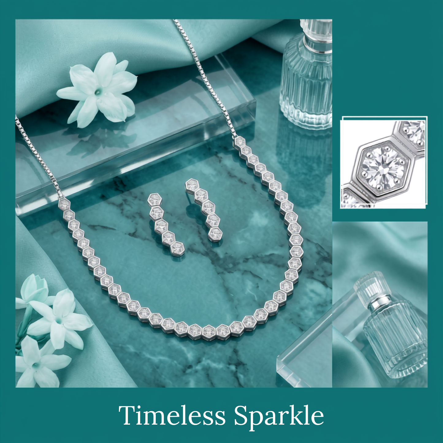 925 Sterling Silver Hexagon Pavé Station Necklace & Earrings Set for Women | TOSHINI