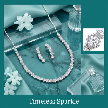 925 Sterling Silver Hexagon Pavé Station Necklace & Earrings Set for Women | TOSHINI