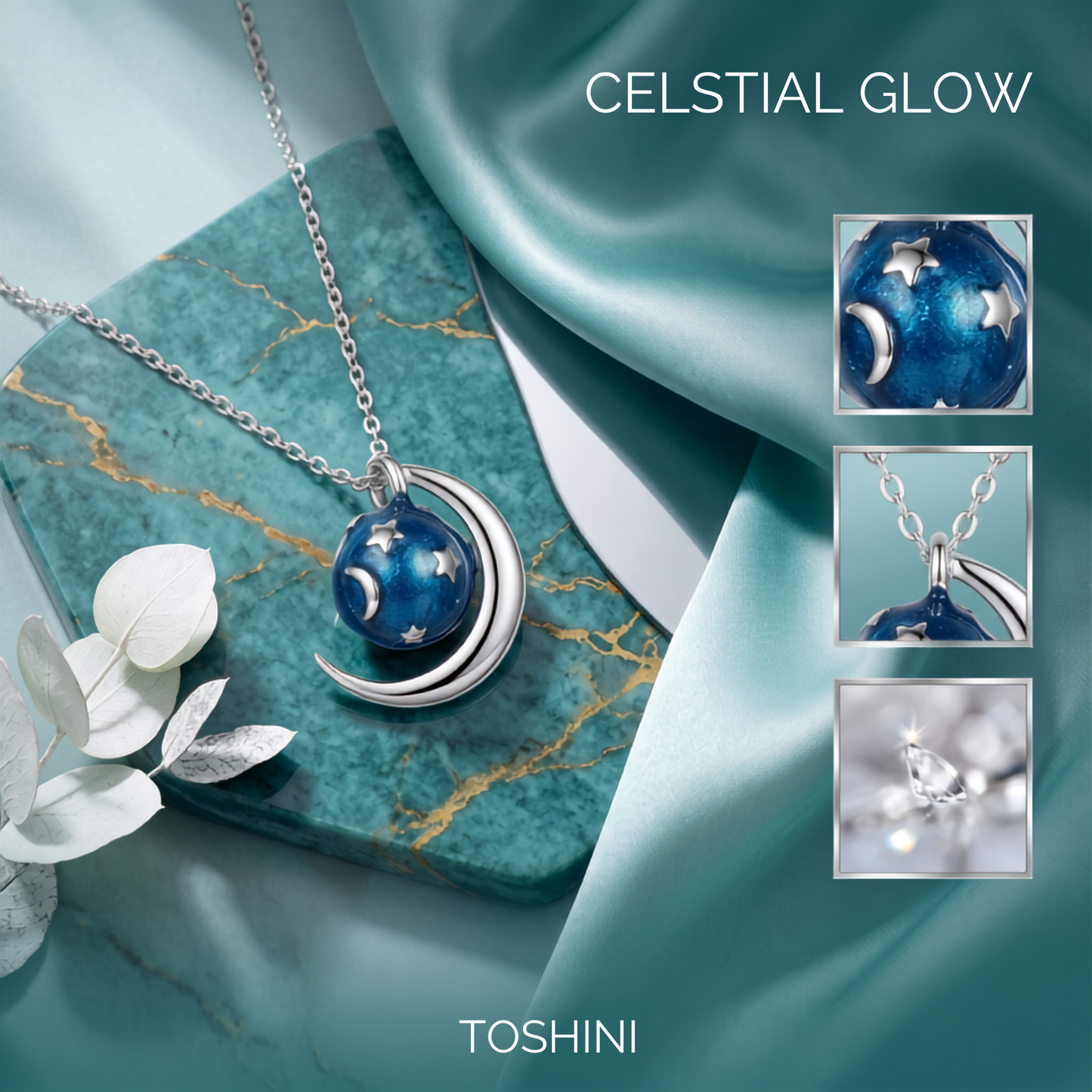 925 Sterling Silver Celestial Moon & Midnight Blue Star Globe Pendant Necklace for Women | TOSHINI