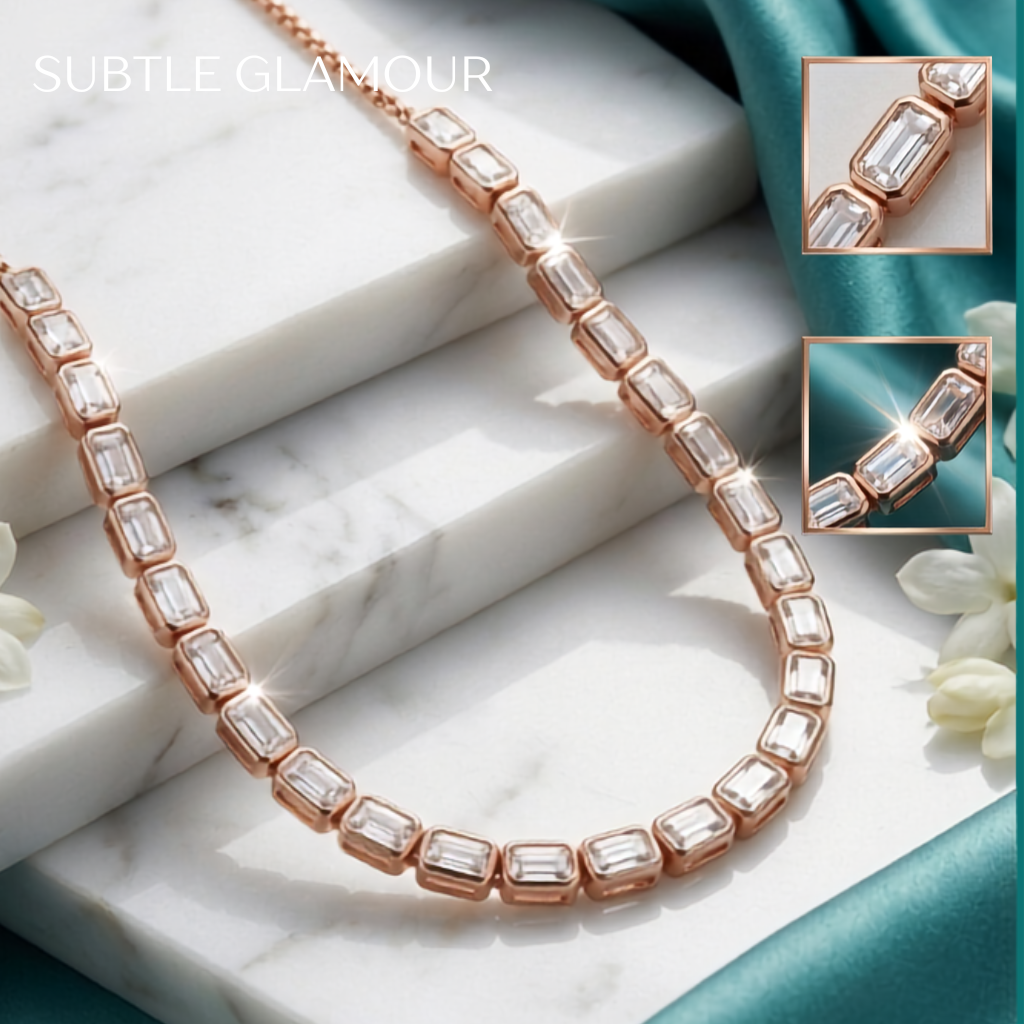 925 Sterling Silver Rose Gold Baguette Station Necklace for Women | TOSHINI