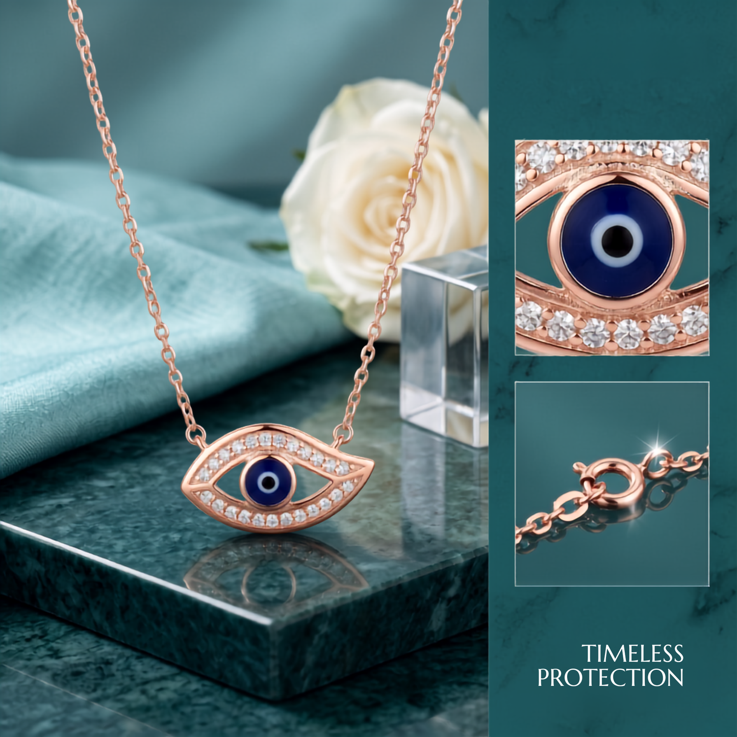 925 Sterling Silver Evil Eye Pendant Necklace for Women | Rose Gold Finish | TOSHINI
