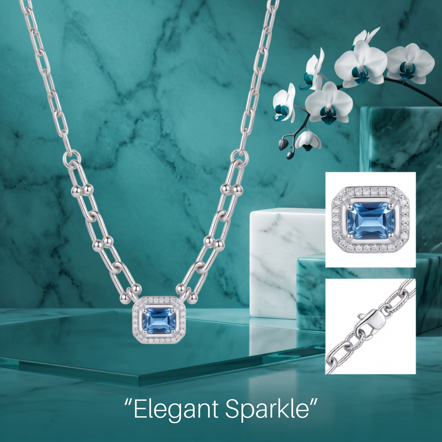925 Sterling Silver Blue Emerald Halo Link Necklace for Women | TOSHINI