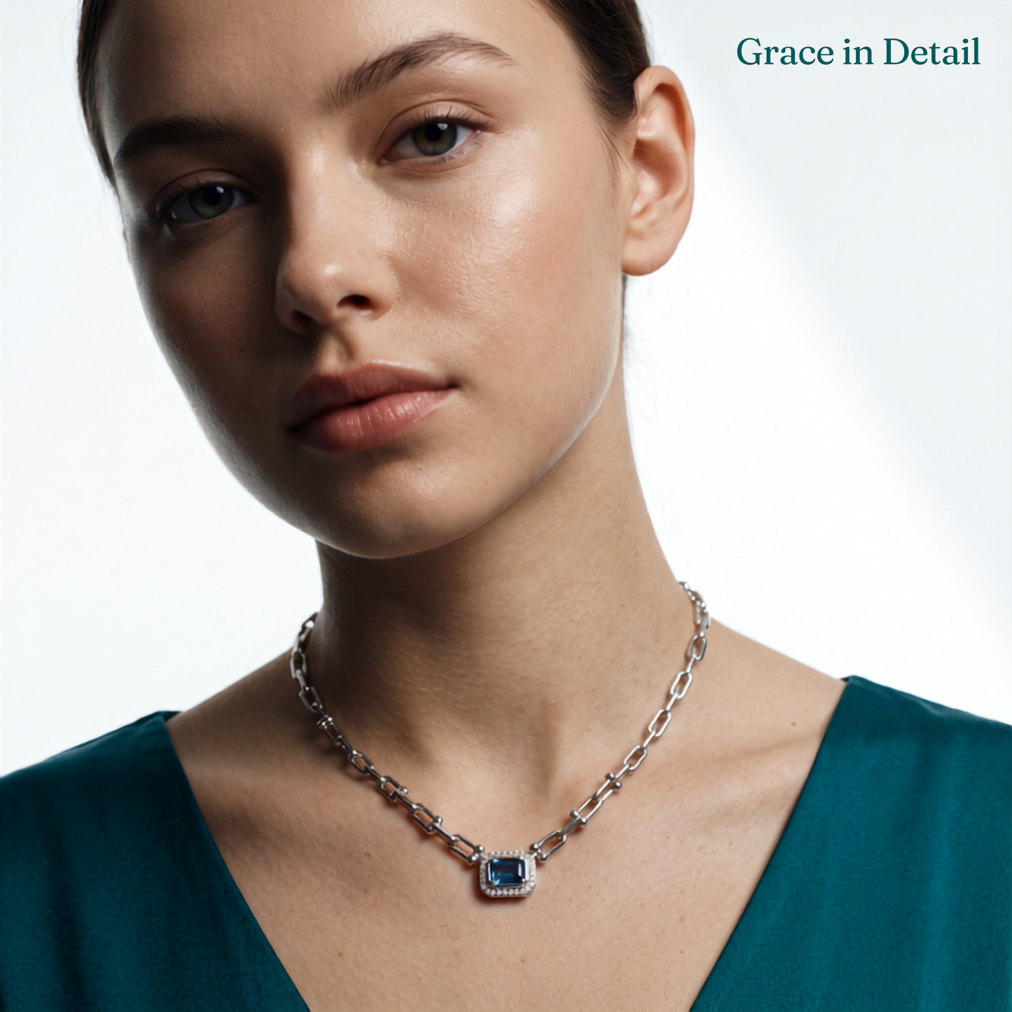 925 Sterling Silver Blue Emerald Halo Link Necklace for Women | TOSHINI