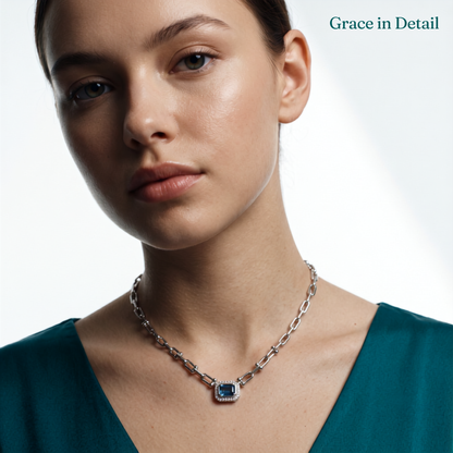 925 Sterling Silver Blue Emerald Halo Link Necklace for Women | TOSHINI