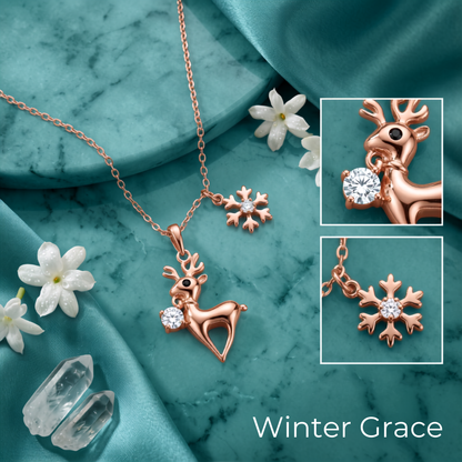 925 Sterling Silver Rose Gold Reindeer & Snowflake Pendant Necklace for Women | TOSHINI