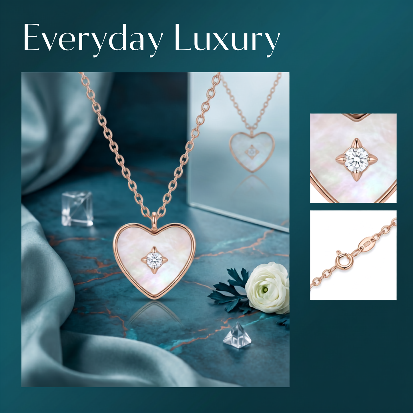925 Sterling Silver Rose Gold Heart Mother of Pearl Pendant Necklace for Women | TOSHINI